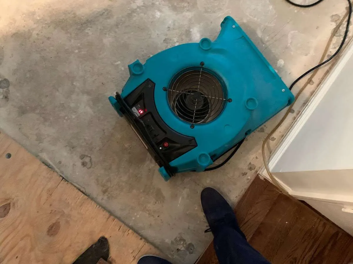 Air mover drying subfloor during Leak Detection & Repair in Genoa